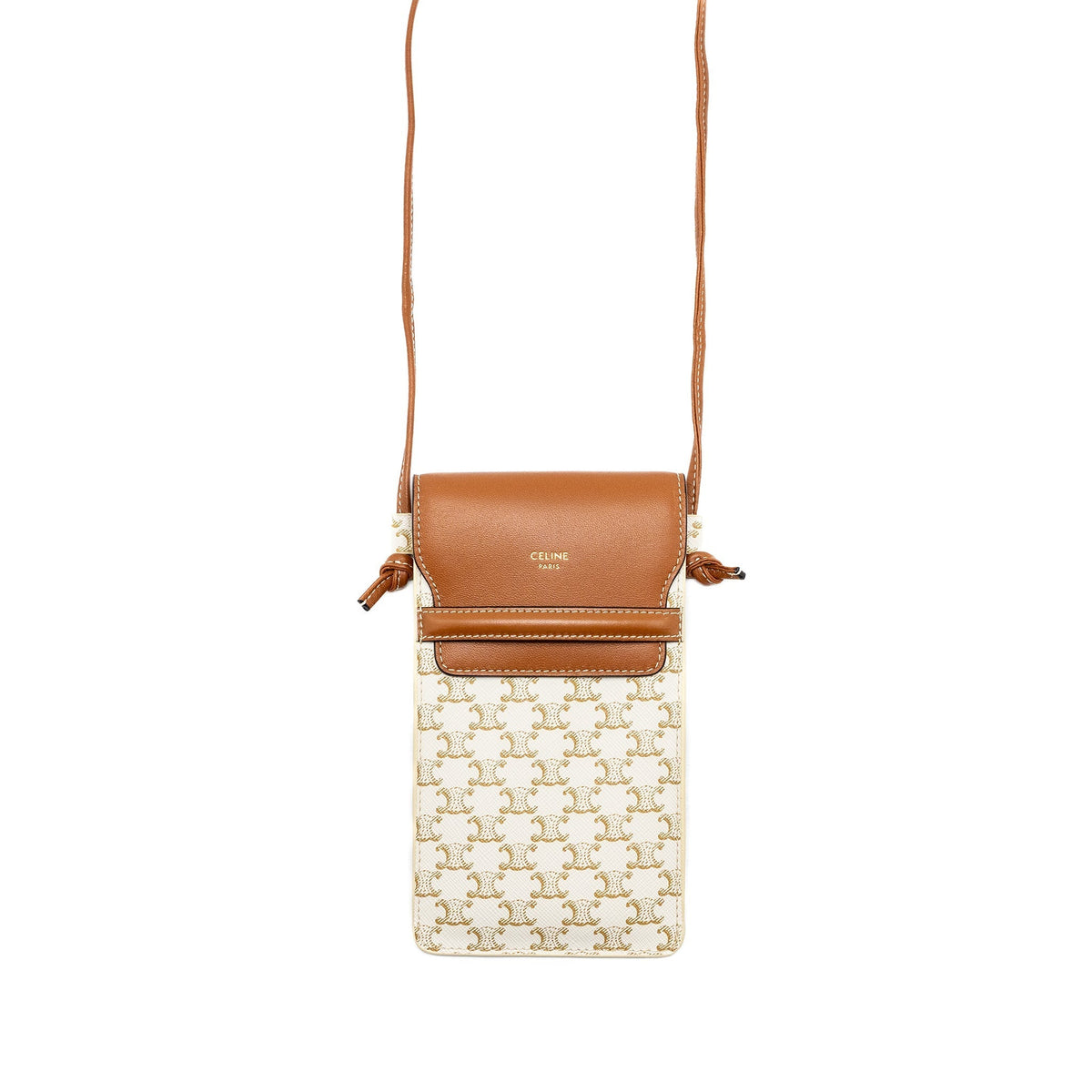 CELINE PHONE POUCH WITH FLAP TRIOMPHE CANVAS /LAMBSKIN WHITE/TAN