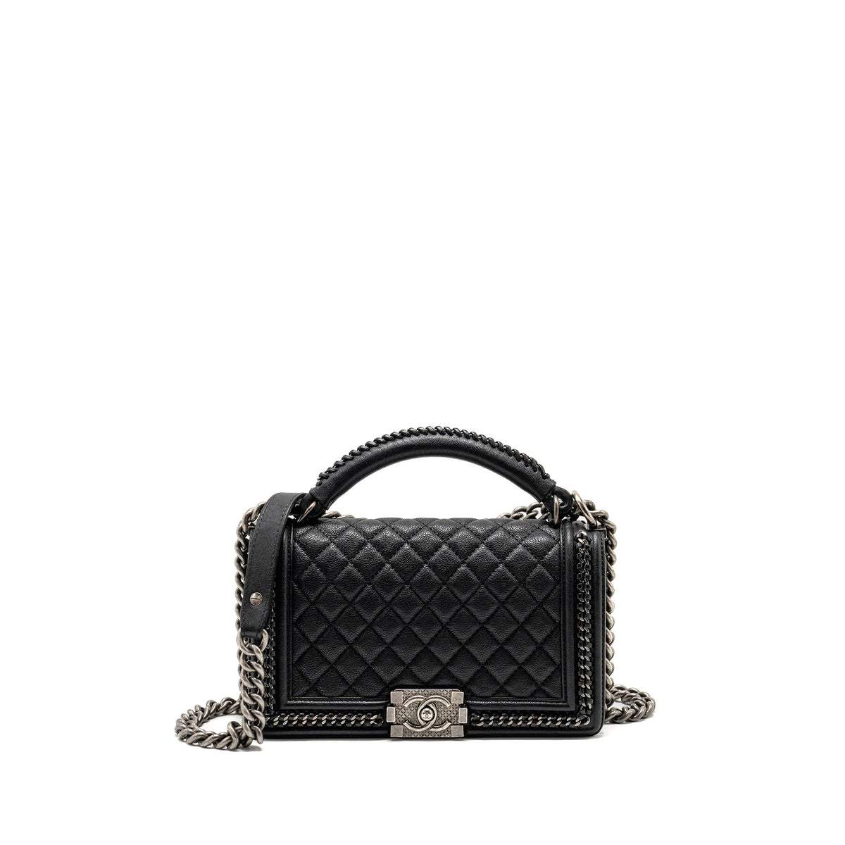 CHANEL TOP HANDLE BOY BAG LIMITED EDITION GRAINED CALFSKIN BLACK RUTHENIUM SILVER HARDWARE