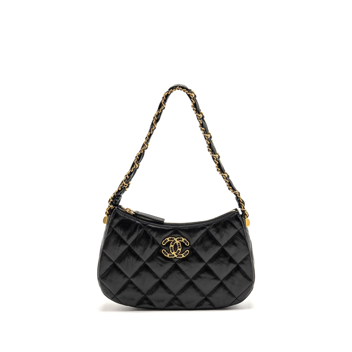 CHANEL 23K 19 HOBO SHOULDER BAG CALFSKIN BLACK GHW (MICROCHIP)