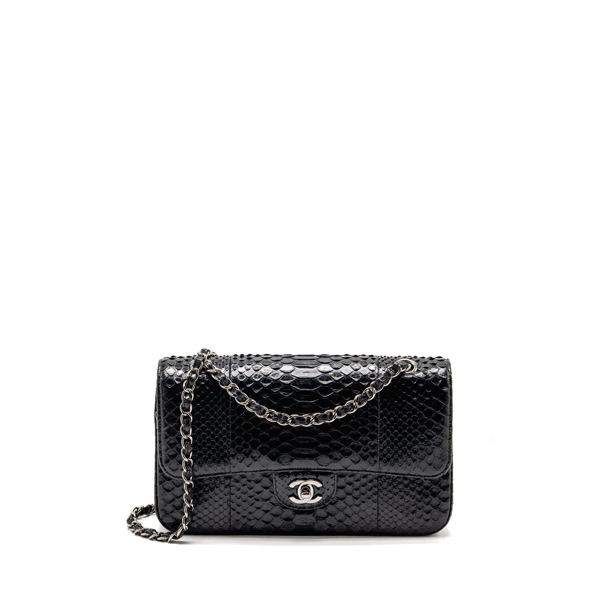 CHANEL MEDIUM CLASSIC DOUBLE FLAP BAG PYTHON BLACK SHW