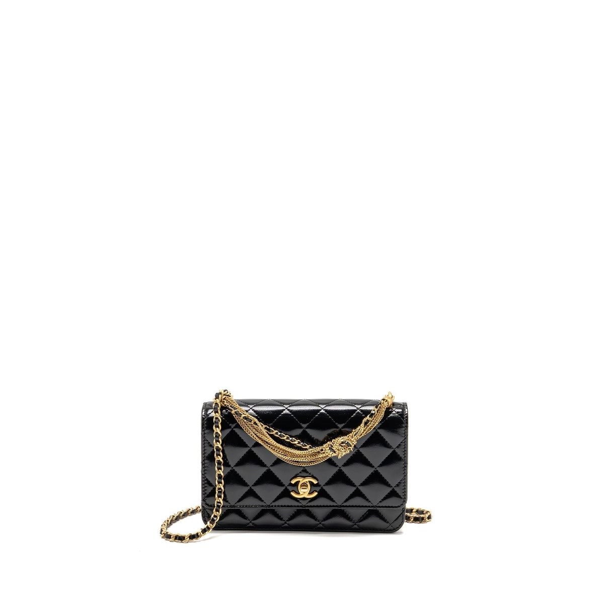 CHANEL 24A DETAILED CHAIN WALLET ON CHAIN SHINY CALFSKIN BLACK GHW (MICROCHIP)