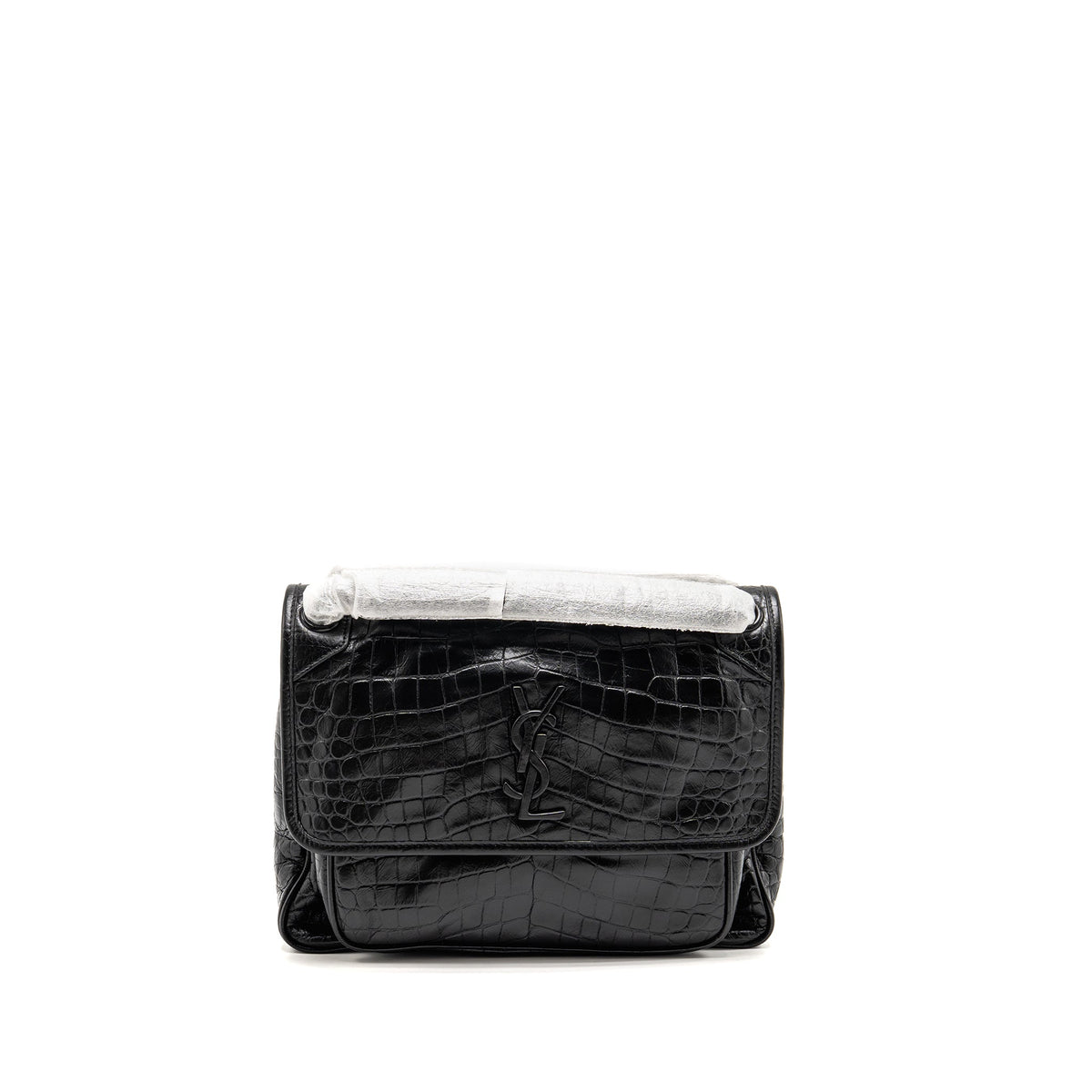 SAINT LAURENT / YSL MEDIUM NIKI BAG CROCODILE-EMBOSSED BLACK CALFSKIN BLACK HARDWARE