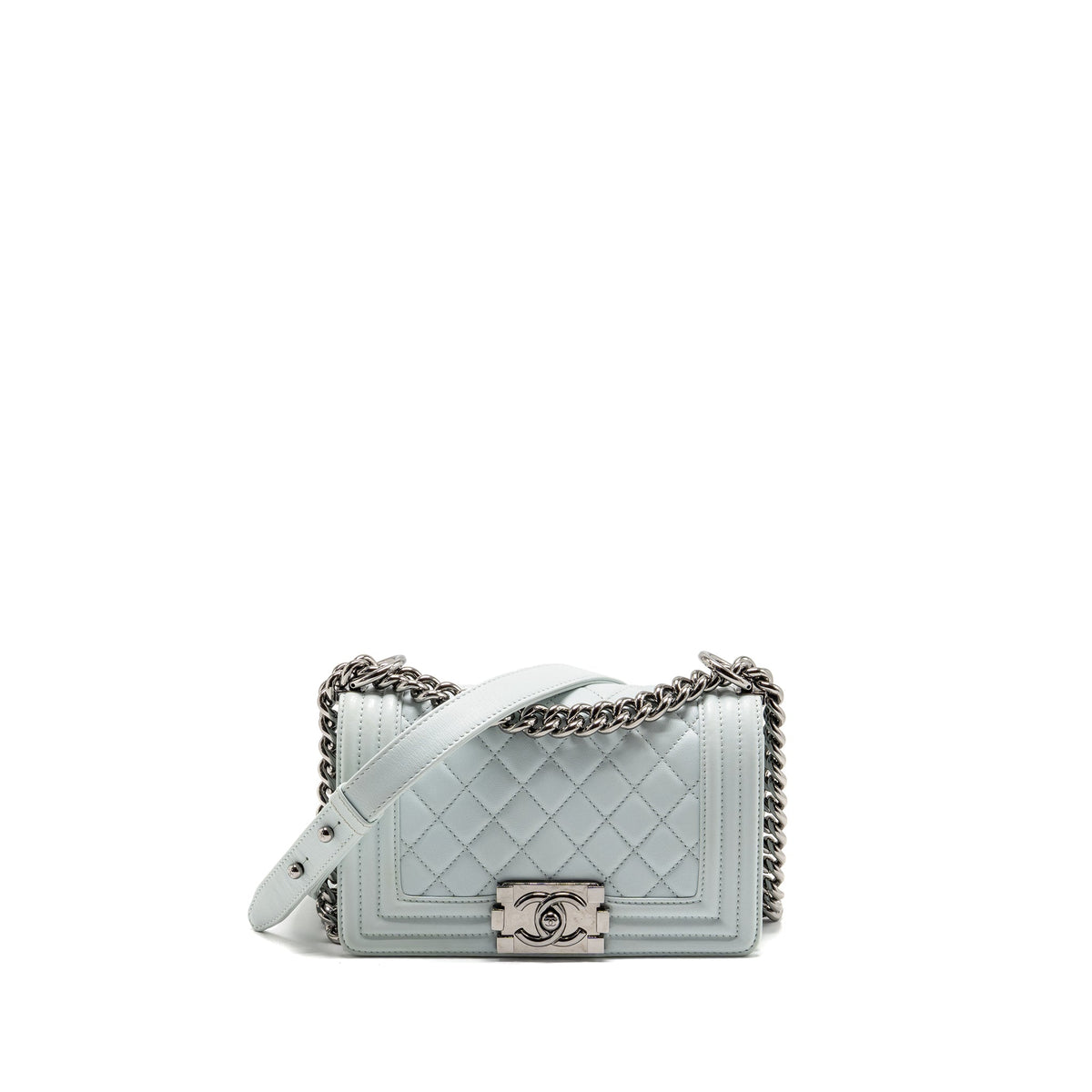 CHANEL SMALL BOY BAG CALFSKIN LIGHT BLUE SHW (MICROCHIP)