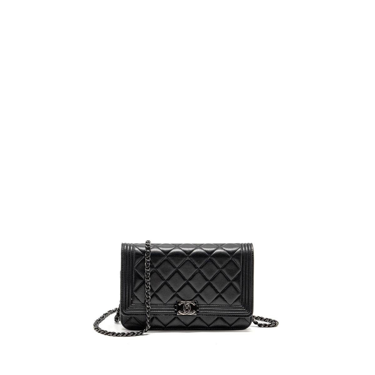 CHANEL BOY WALLET ON CHAIN CALFSKIN BLACK WITH BLACK HARDWARE