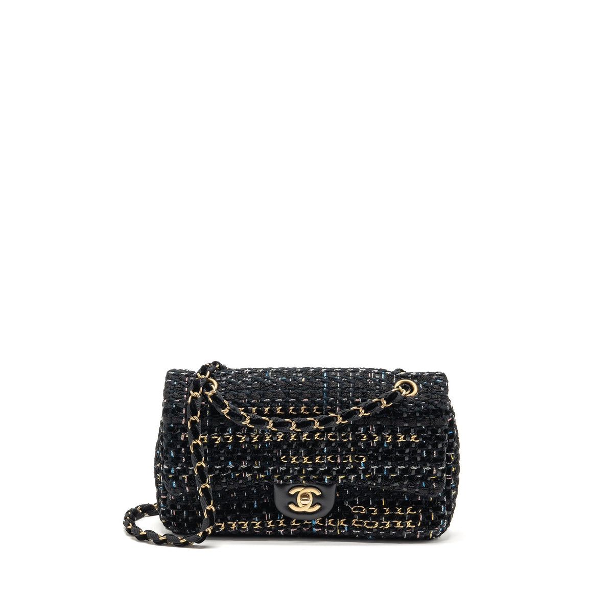 CHANEL MEDIUM SINGLE FLAP BAG TWEED BLACK GHW