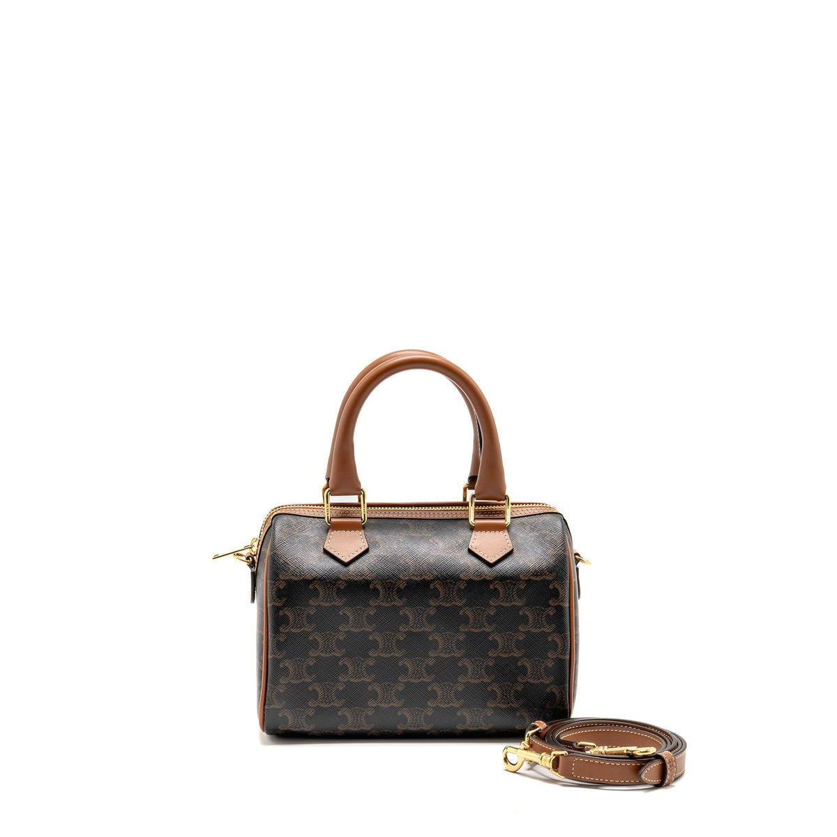 CELINE SMALL BOSTON BAG TRIOMPHE CANVAS/CALFSKIN TAN GHW