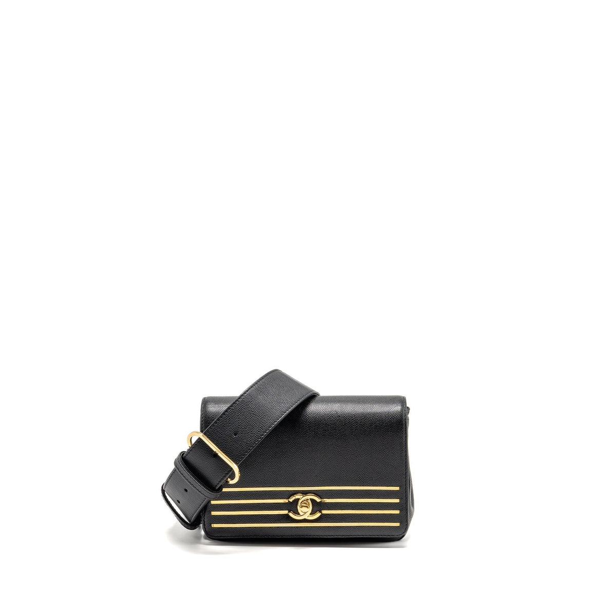 CHANEL 19C CAPTAIN GOLD BELT WAIST BAG CAVIAR BLACK GHW