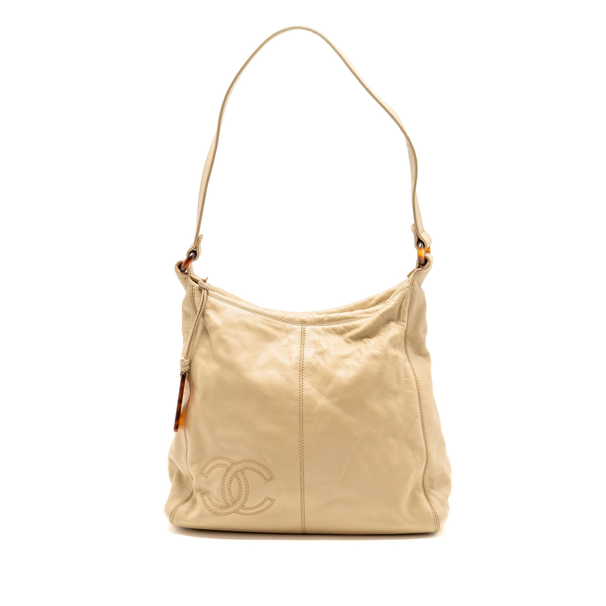 CHANEL VINTAGE TOTE HOBO BAG WITH TORTOISESHELL TAG LEATHER BEIGE LGHW