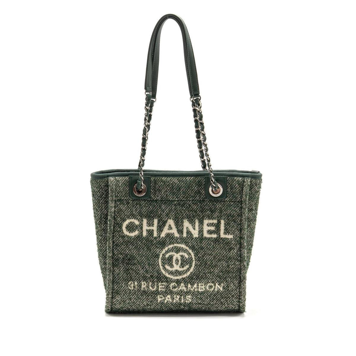 CHANEL SMALL SHOPPING TOTE BAG FABRIC/LEATHER GREEN/WHITE SHW (MICROCHIP)