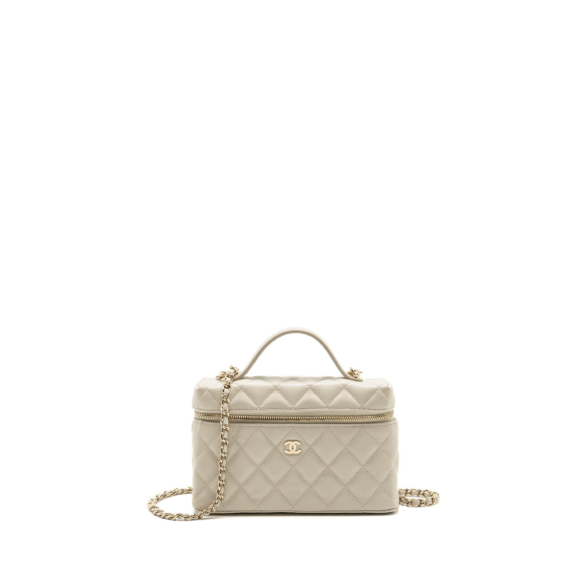 CHANEL CC TOP HANDLE VANITY WITH CHAIN CAVIAR LIGHT GREY LGHW (MICROCHIP)