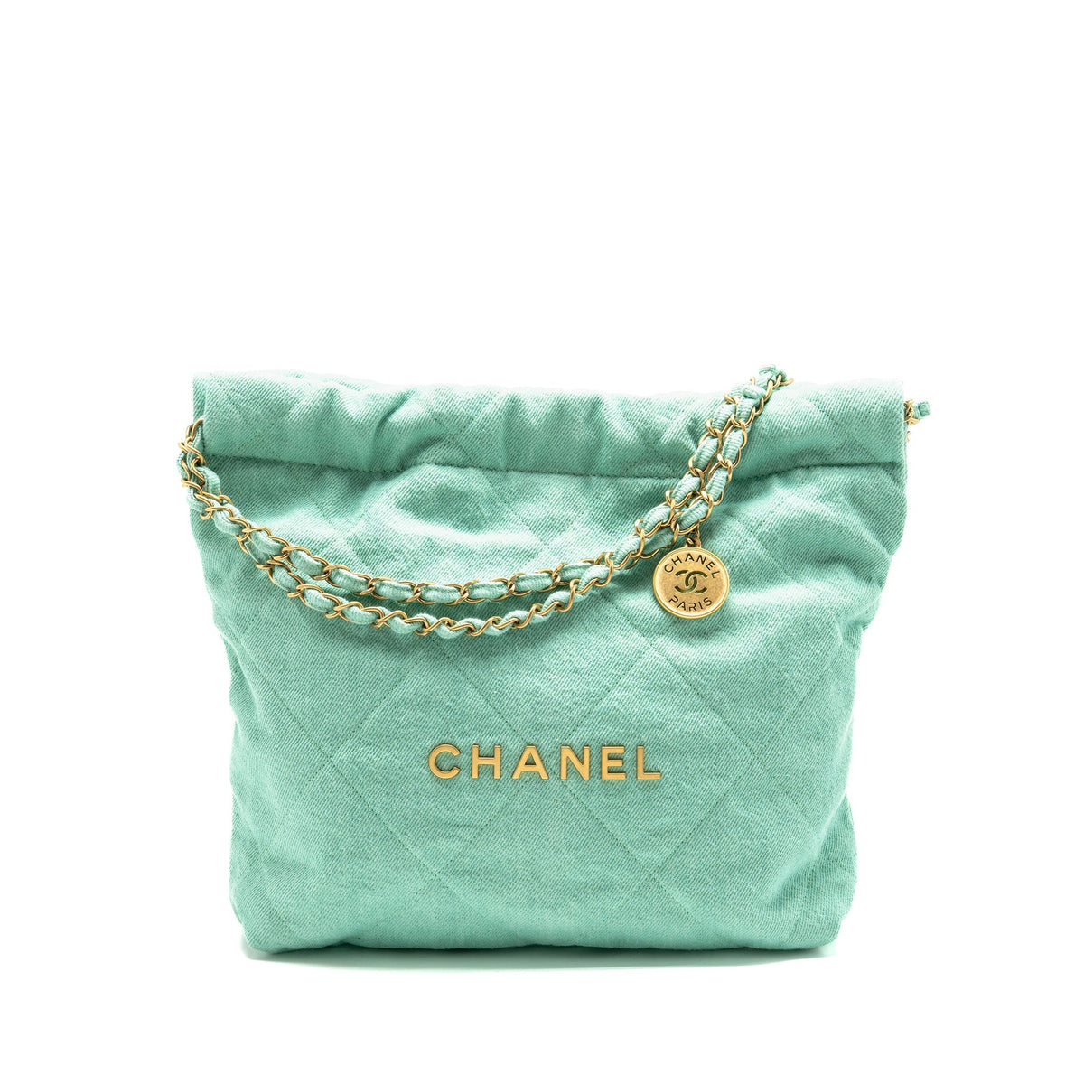 CHANEL SMALL 22 BAG WASHED DENIM AQUA GHW (MICROCHIP)