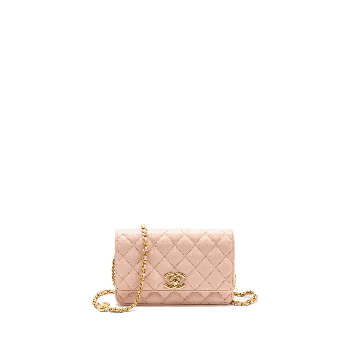 CHANEL CAMELLIA TURNLOCK WALLET ON CHAIN CAVIAR LIGHT PINK GHW (MICROCHIP)