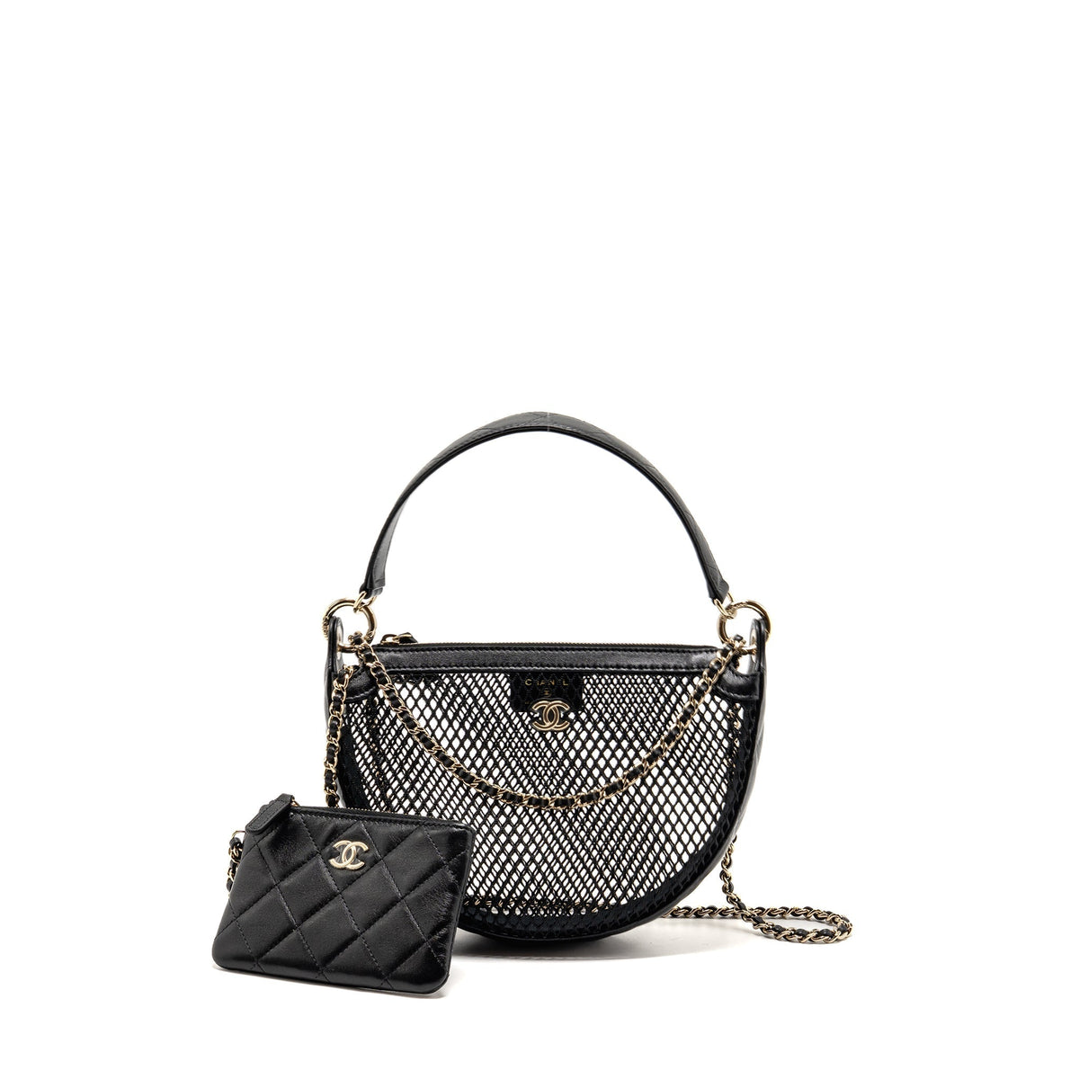 CHANEL 25S HALF MOON CLUTCH WITH CHAIN MESH/LAMBSKIN BLACK LGHW (MICROCHIP)