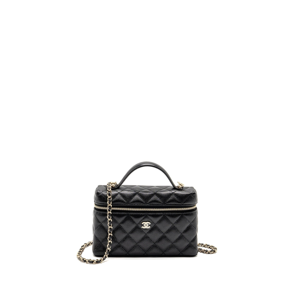 CHANEL 25P CC TOP HANDLE VANITY WITH CHAIN CAVIAR BLACK LGHW (MICROCHIP)