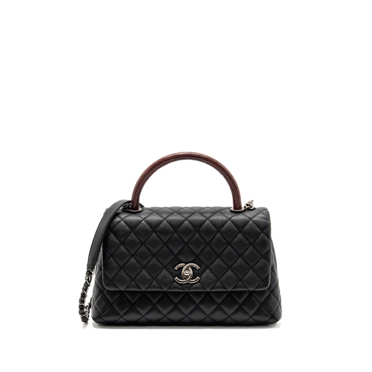 CHANEL MEDIUM COCO HANDLE CAVIAR/LIZARD HANDLE BLACK/BURGUNDY RUTHENIUM HARDWARE