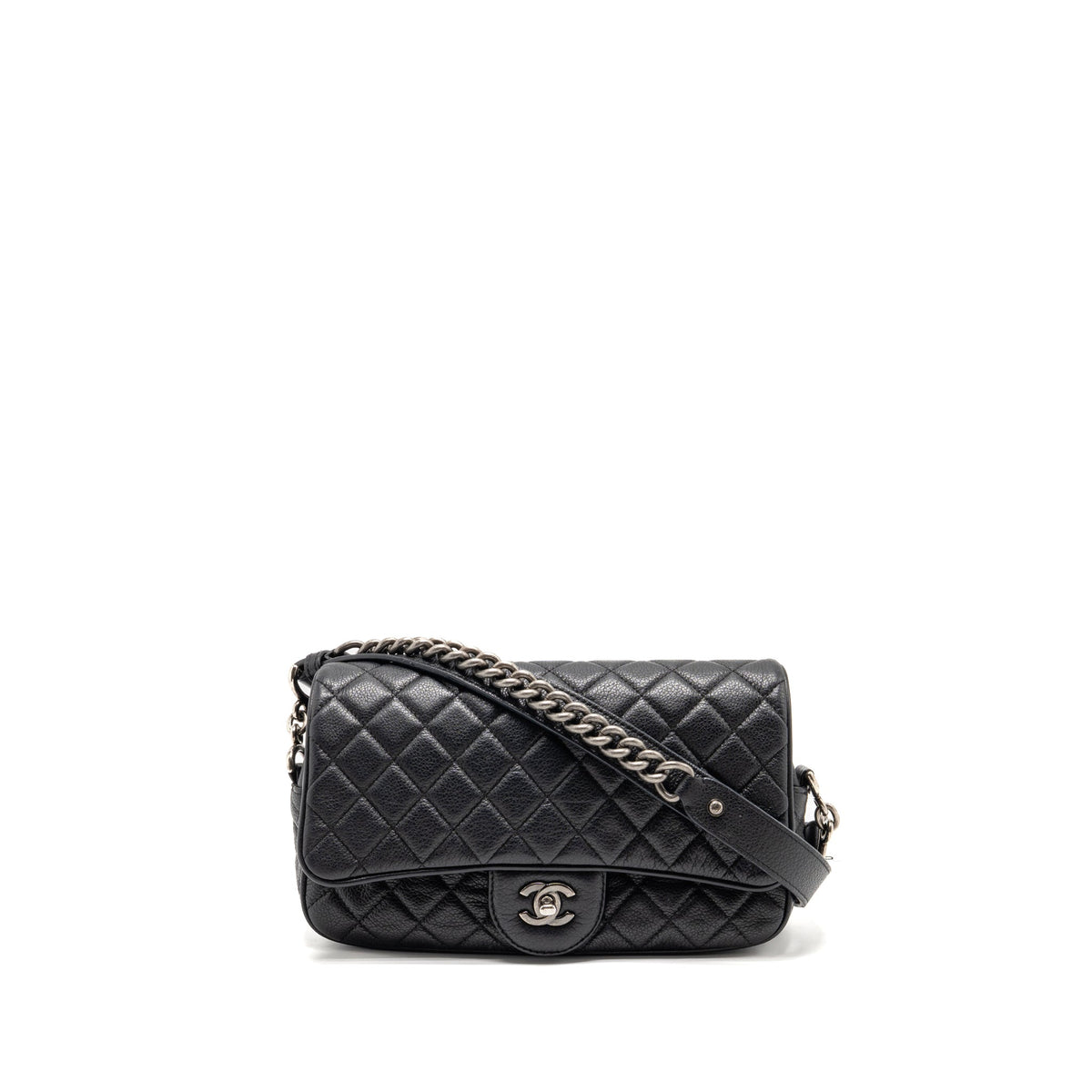 CHANEL MEDIUM CASUAL ROCK FLAP BAG GRAINED CALFSKIN BLACK RUTHENIUM HARDWARE