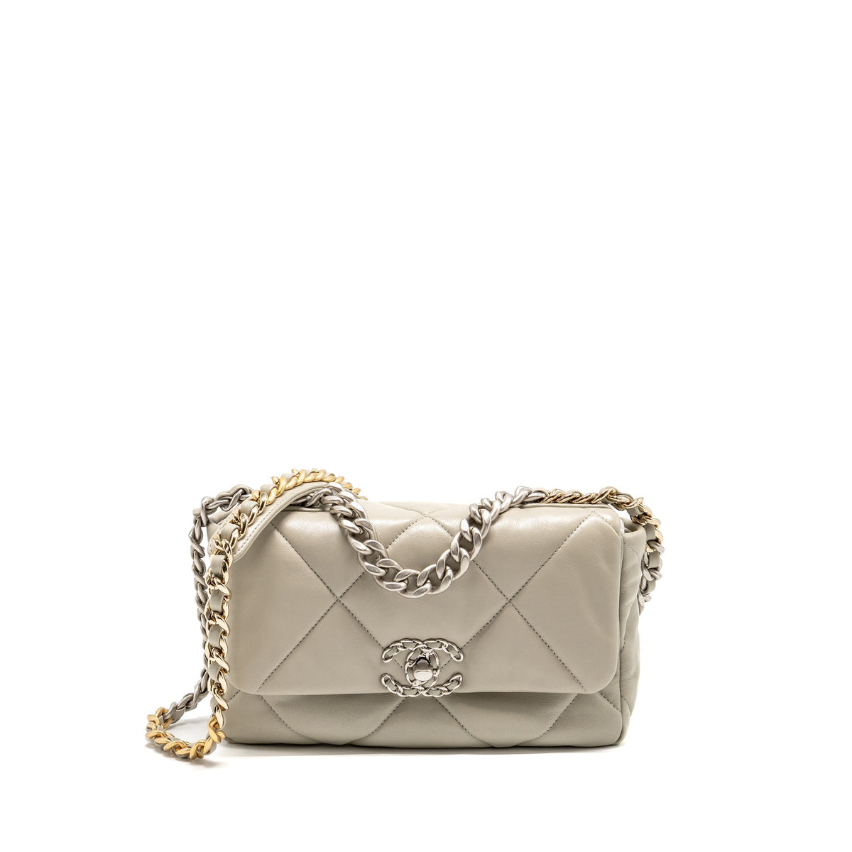 CHANEL SMALL 19 BAG LAMBSKIN LIGHT GREY MULTICOLOURED HARDWARE (MICROCHIP)