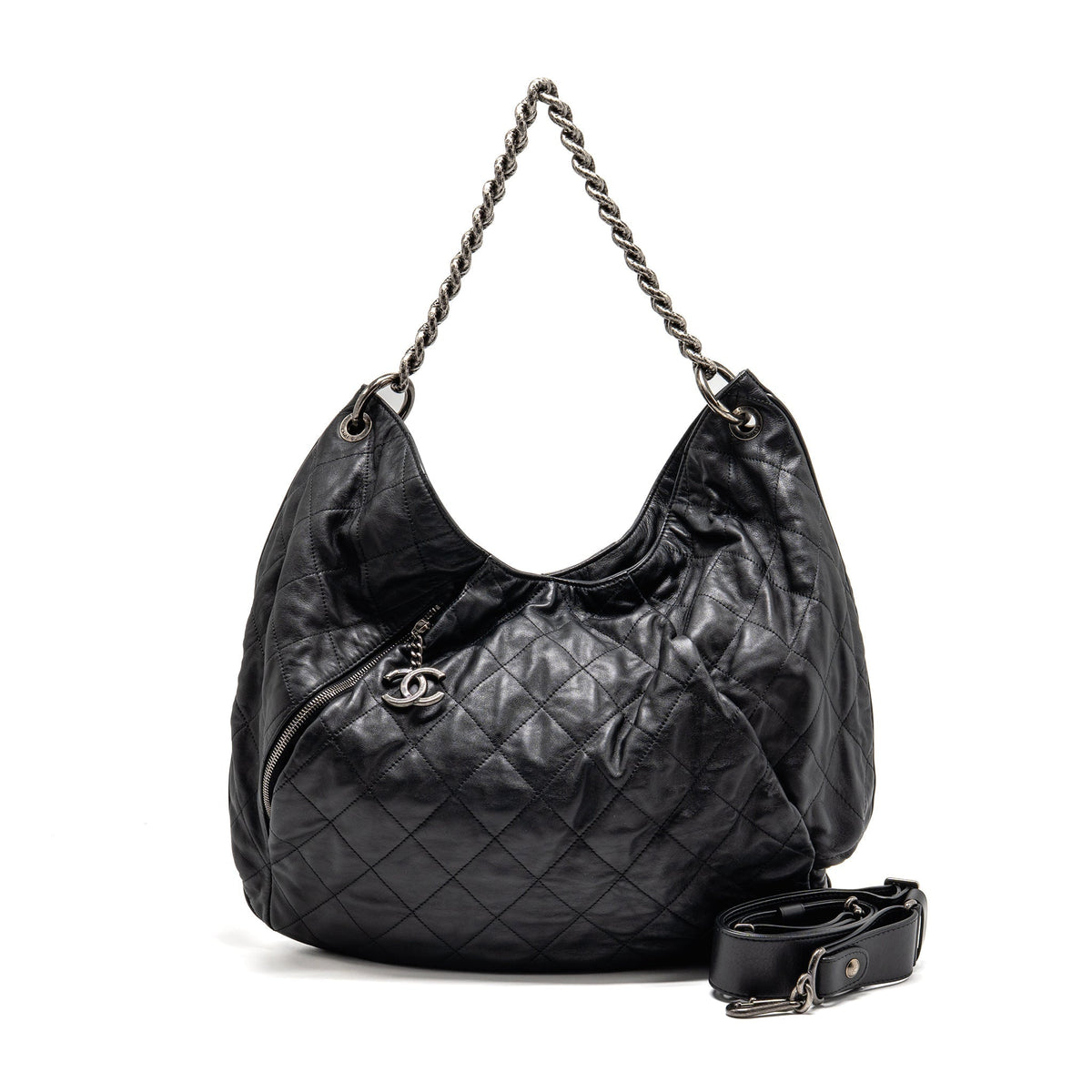 CHANEL COCO PLEATS HOBO BAG CALFSKIN BLACK RUTHENIUM HARDWARE