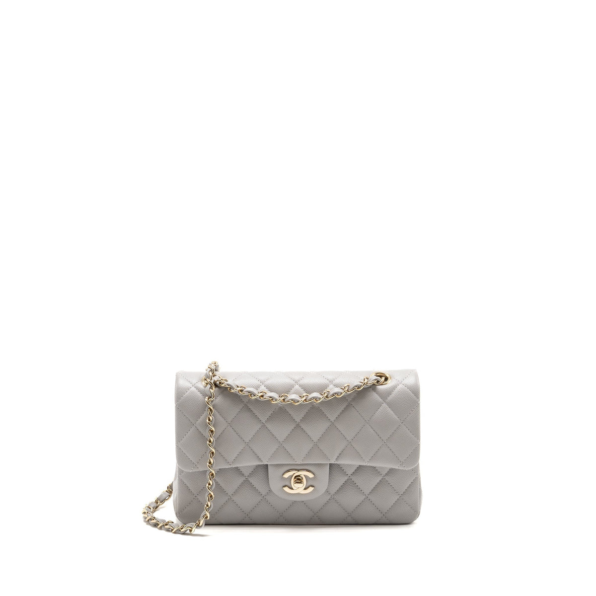 CHANEL SMALL CLASSIC DOUBLE FLAP BAG CAVIAR LIGHT GREY LGHW (MICROCHIP)