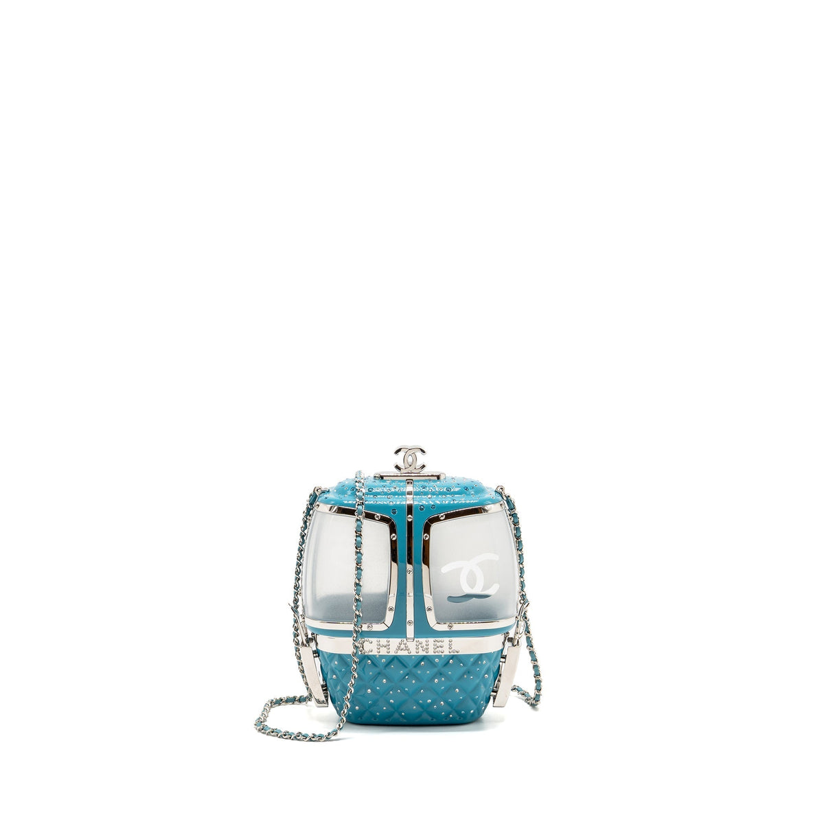 CHANEL 19K MINAUDIERE LIMITED SNOW GONDOLA CLUTCH EVENING BAG ACRYLIC PLASTIC BLUE SHW