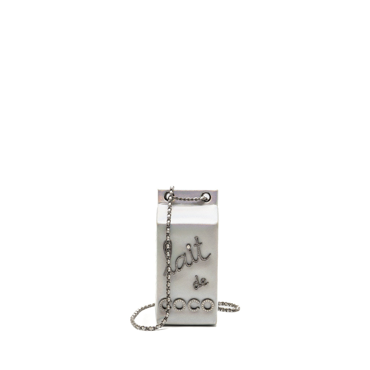 CHANEL 14K LIMITED EDITION RUNWAY LAIT DE COCO MILK CARTON EVENING CHAIN BAG GOATSKIN IRIDESCENT SILVER SHINY RUTHENIUM HARDWARE