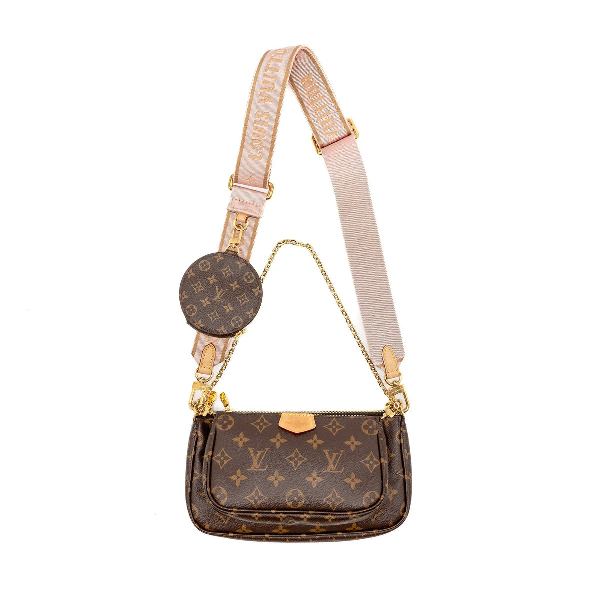 LOUIS VUITTON MULTI POCHETTE ACCESSORIES ROSE CLAIR STRAP MONOGRAM CANVAS GHW