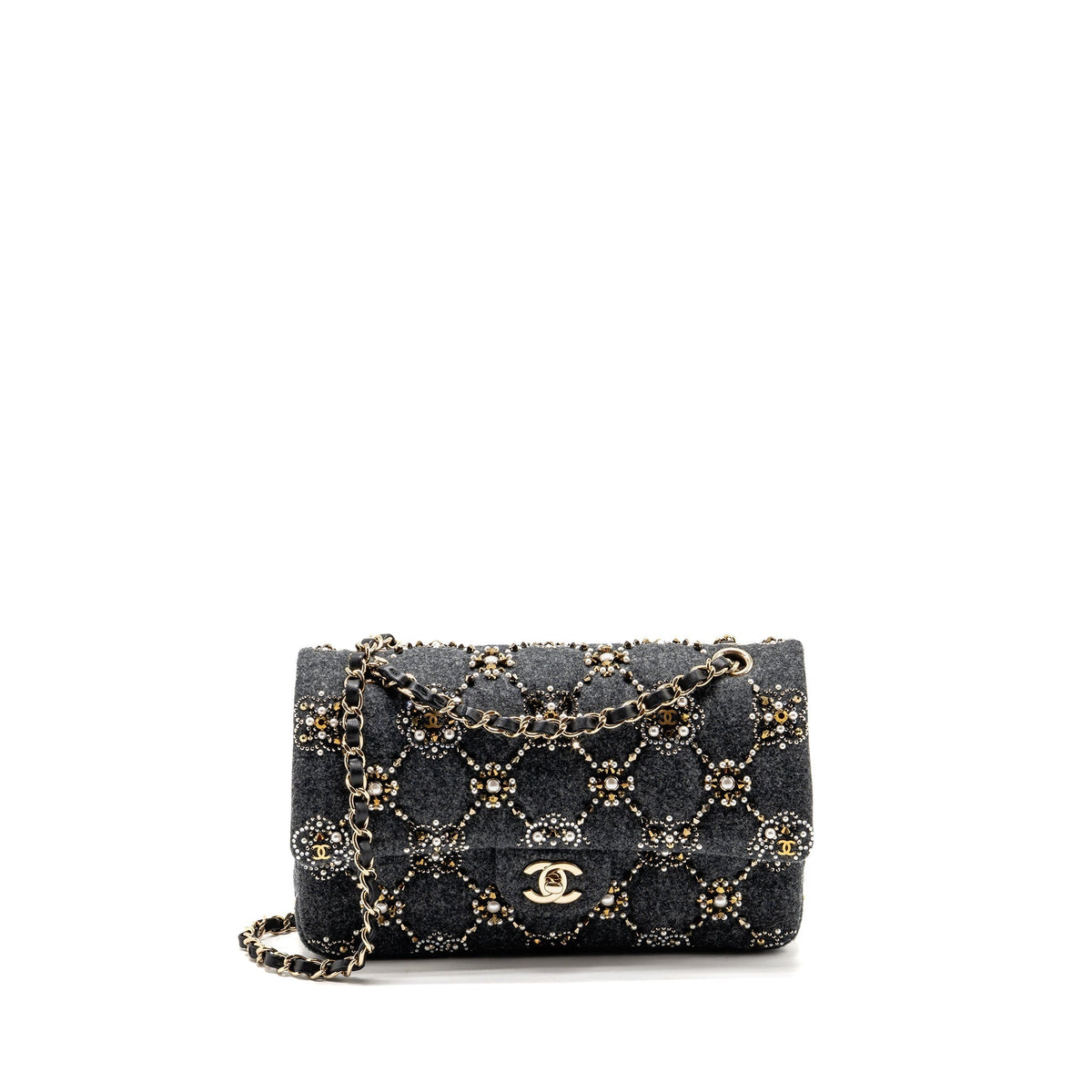 CHANEL 21A PEARL STRASS CRYSTAL MEDIUM CLASSIC DOUBLE FLAP BAG FABRIC GREY LGHW