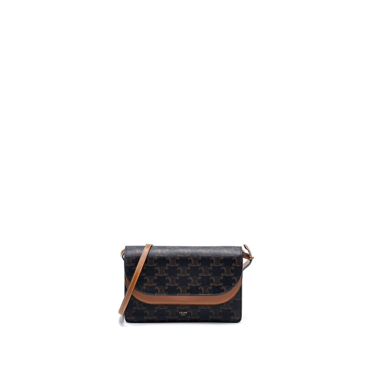 CELINE WALLET ON STRAP TRIOMPHE CANVAS/SMOOTH LAMBSKIN TAN GHW