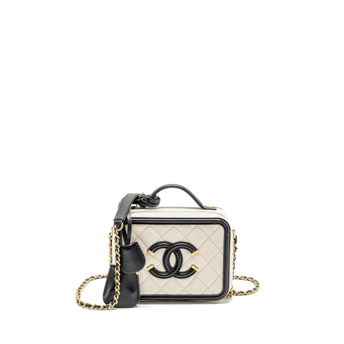 CHANEL CC FILIGREE VANITY CASE CAVIAR WHITE/BLACK GHW