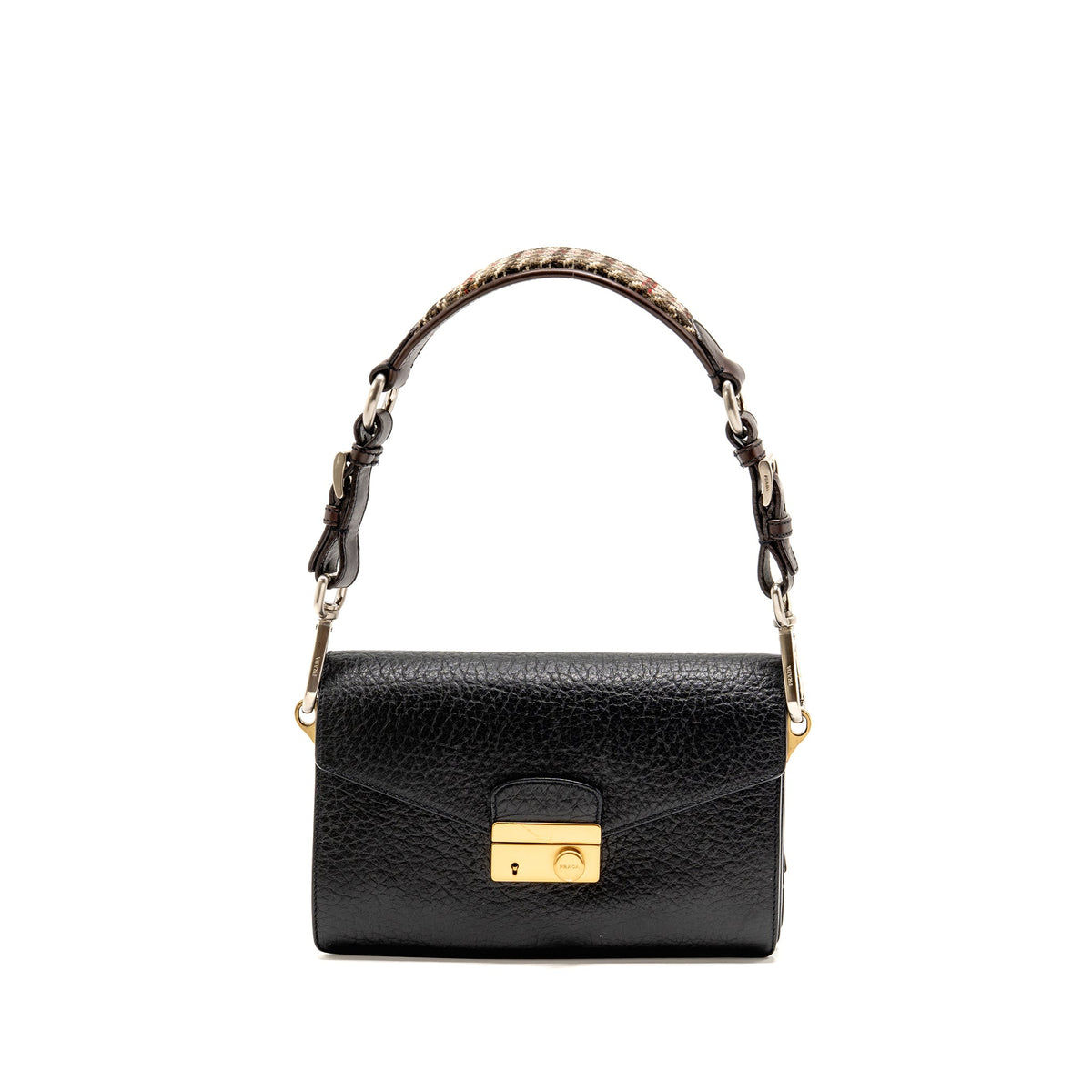 PRADA BERLINO SOUND BAG TWEED/CALFSKIN BLACK/BROWN/GREEN MULTICOLOUR HARDWARE