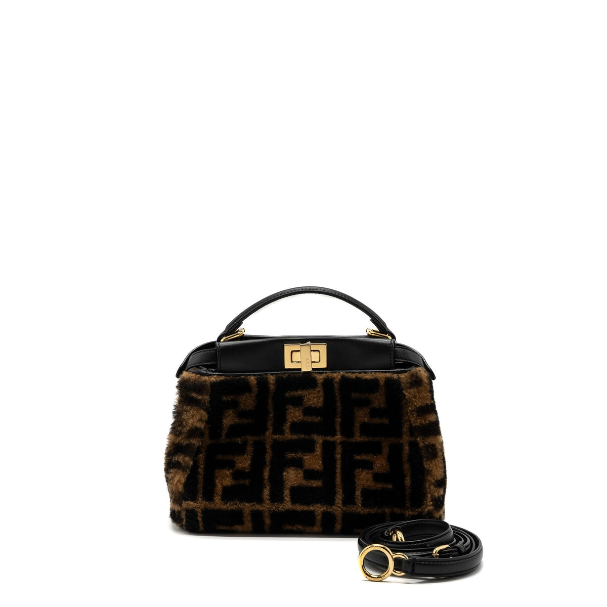 FENDI MINI PEEKABOO SHEARLING BROWN/ BLACK GHW