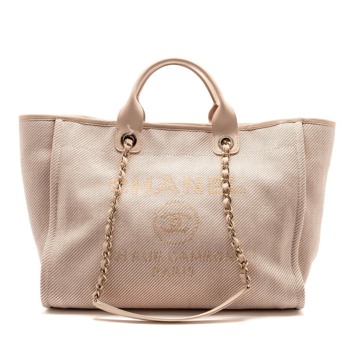 CHANEL LARGE DEAUVILLE TOTE SHOPPING BAG CANVAS/CALFSKIN LIGHT PINK LGHW