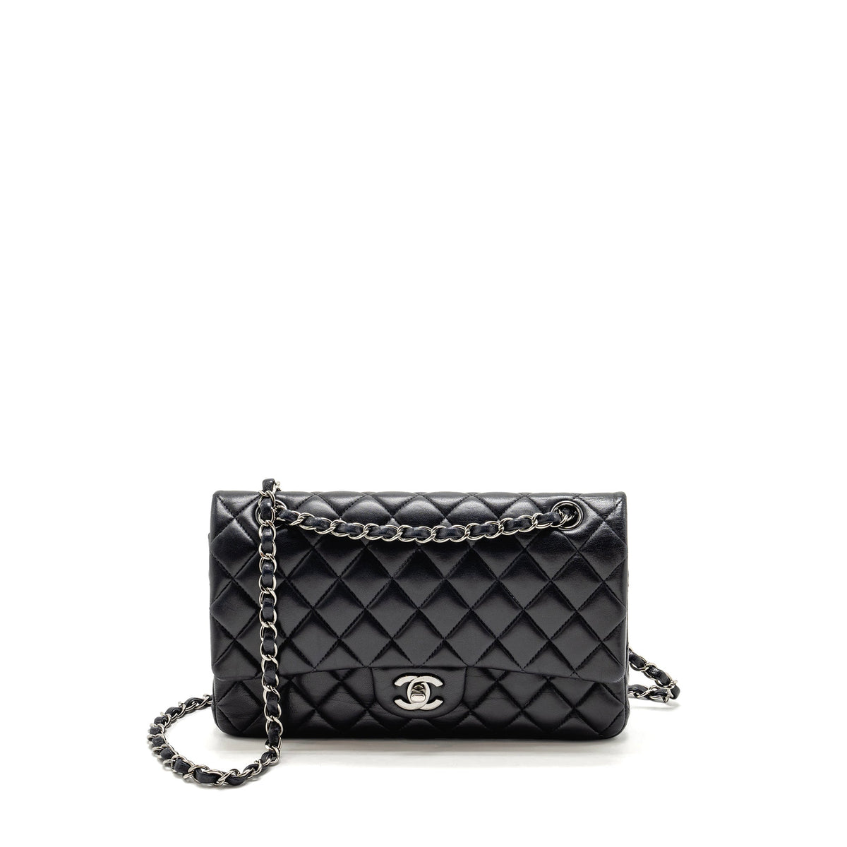 CHANEL MEDIUM CLASSIC DOUBLE FLAP BAG LAMBSKIN DARK BLUE SHW