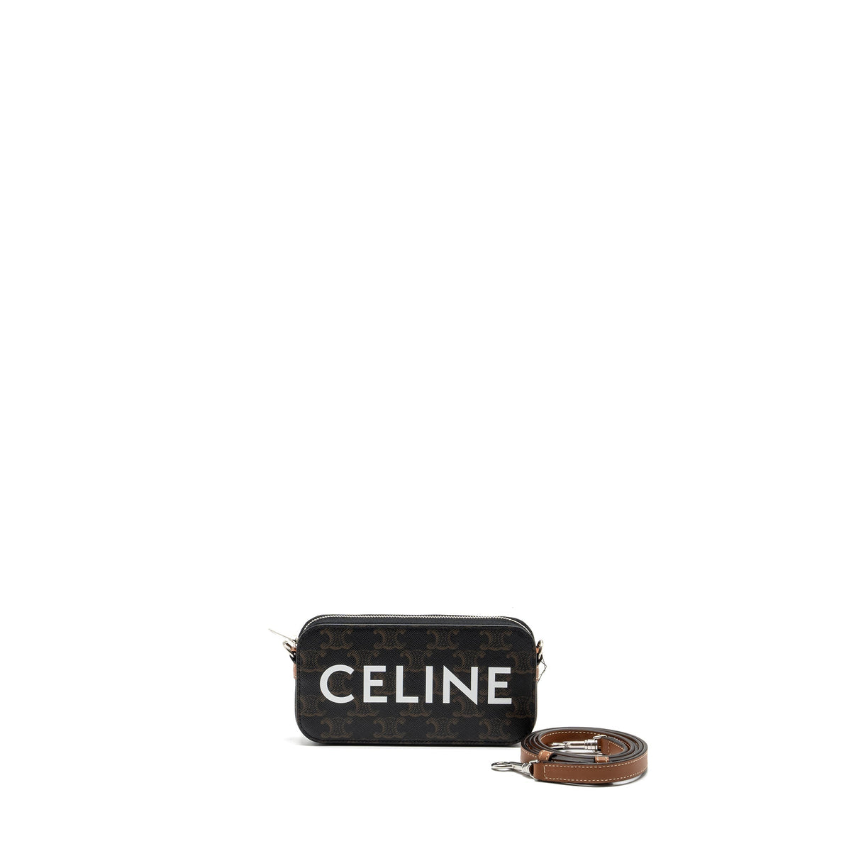 CELINE HORIZONTAL TRIOMPHE LOGO PRINT POUCH COATED CANVAS/LEATHER TAN/BROWN SHW