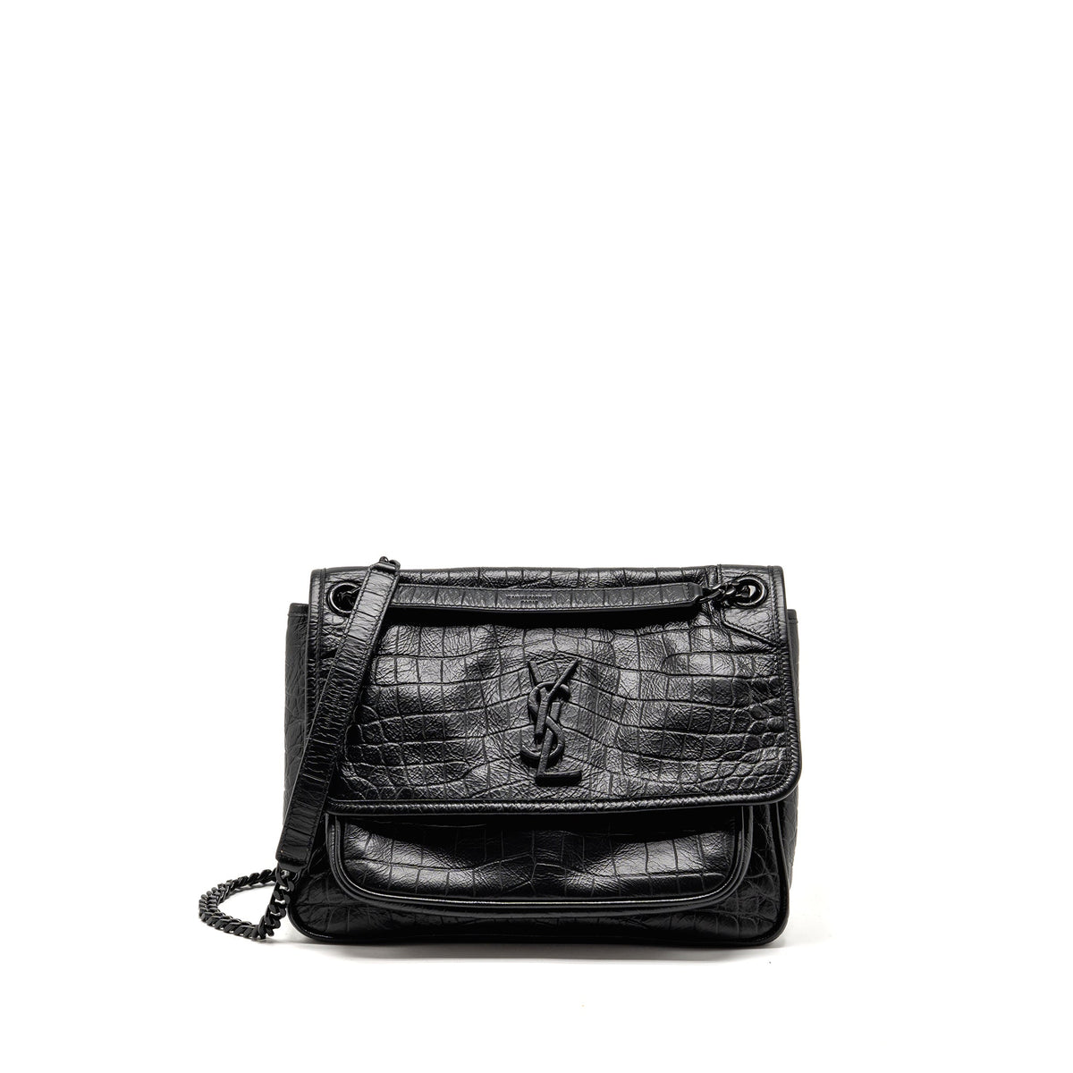 SAINT LAURENT/YSL MEDIUM NIKI BAG CROCODILE-EMBOSSED BLACK CALFSKIN BLACK HARDWARE