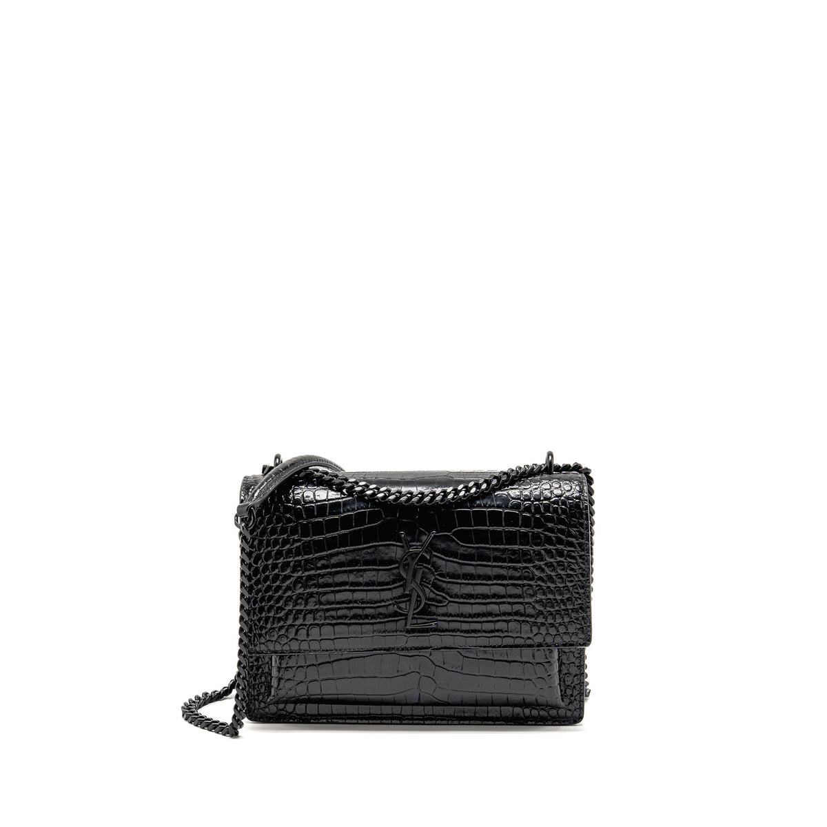 SAINT LAURENT/YSL SUNSET MEDIUM CROCODILE-EMBOSSED CALFSKIN SO BLACK