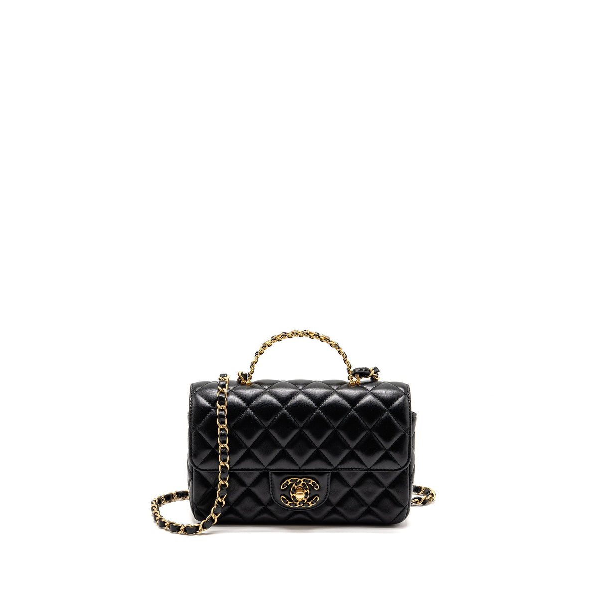CHANEL 24C DETAIL TOP HANDLE FLAP BAG LAMBSKIN BLACK GHW (MICROCHIP)