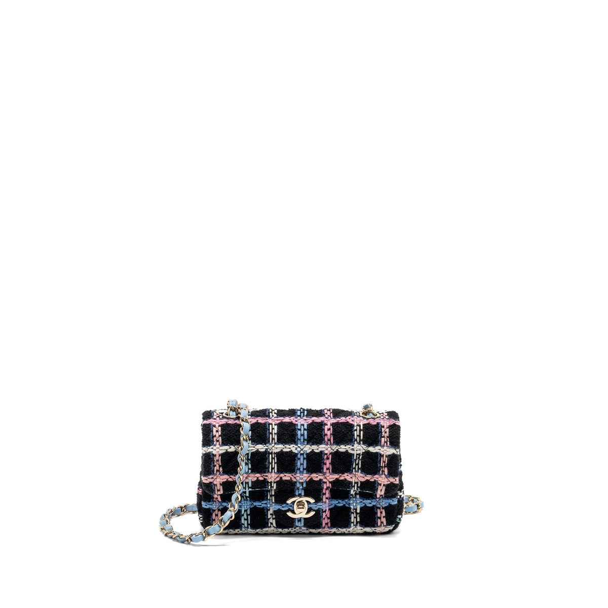 CHANEL MINI RECTANGULAR FLAP BAG TWEED BLACK MULTICOLOUR LGHW (MICROCHIP)