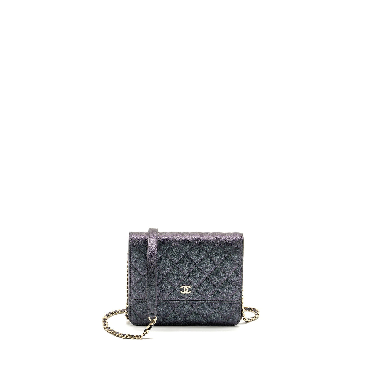 CHANEL QUILTED SQUARE WALLET WITH CHAIN CAVIAR IRIDESCENT BLACK LGHW