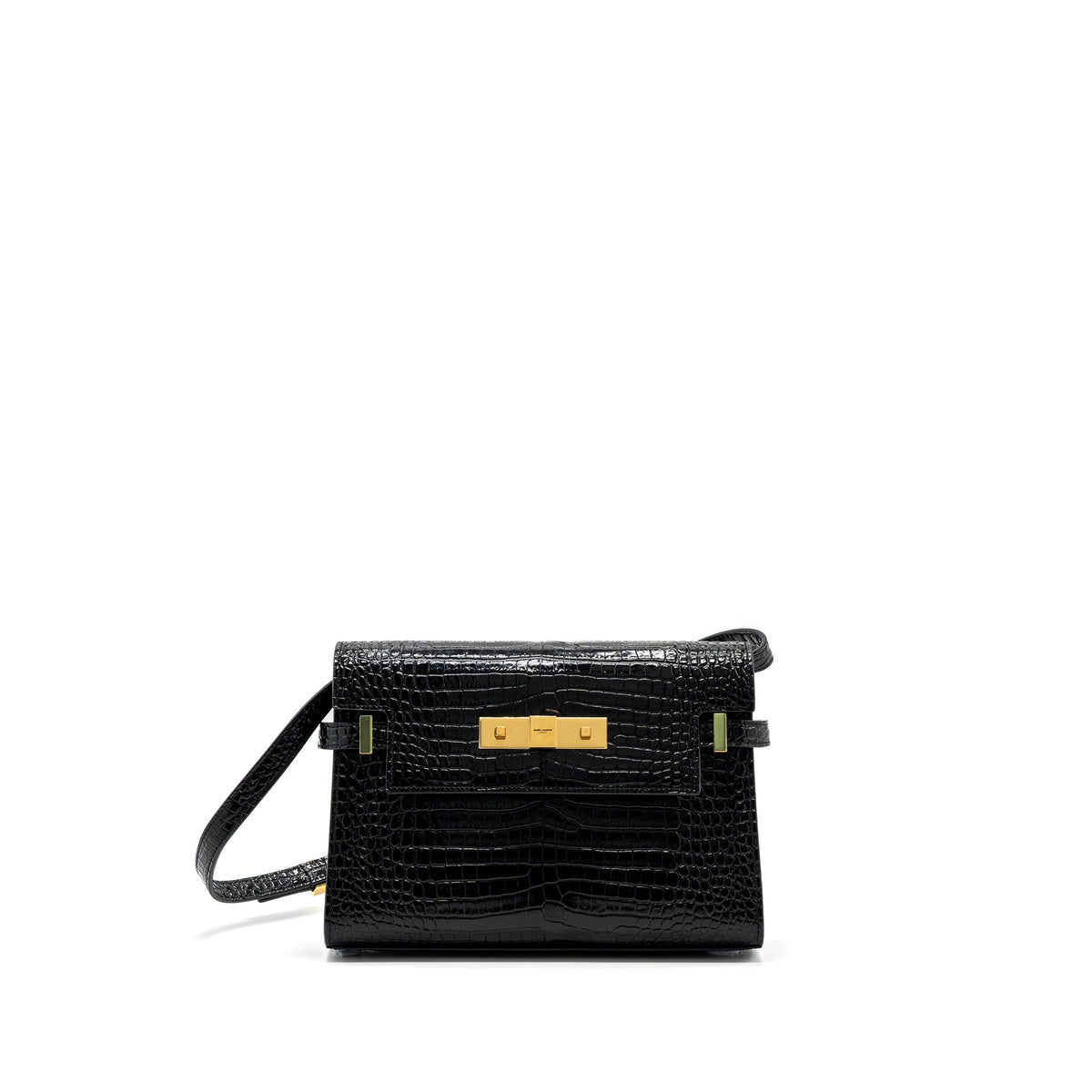 SAINT LAURENT MANHATTAN SHOULDER BAG CROCODILE-EMBOSSED BLACK GHW