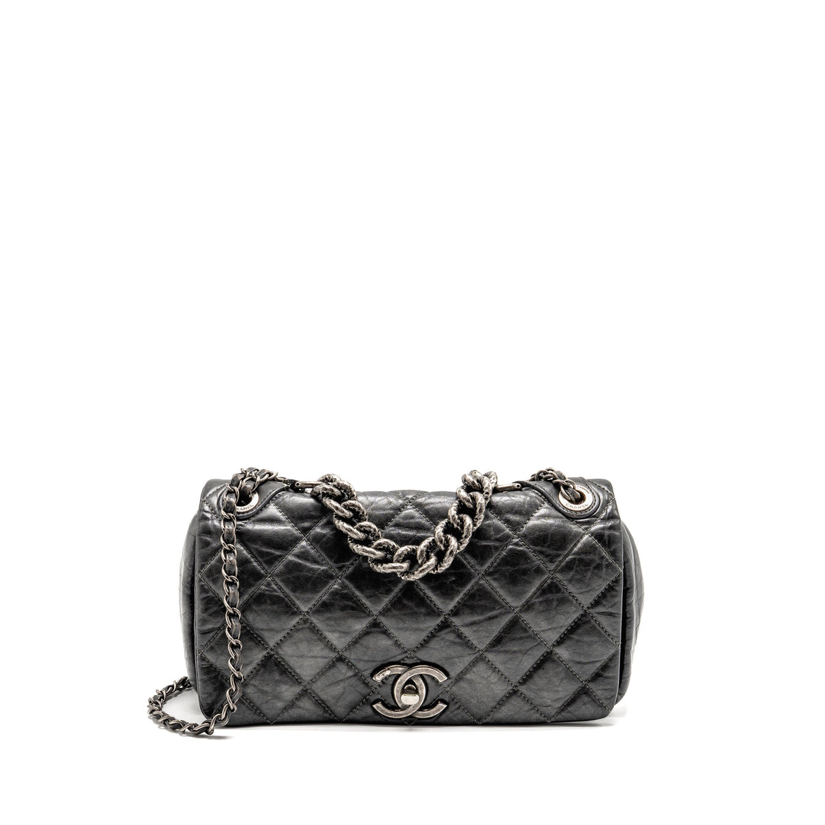 CHANEL DETAILED CHAIN SINGLE FLAP BAG CALFSKIN CHARCOAL GREY SHW