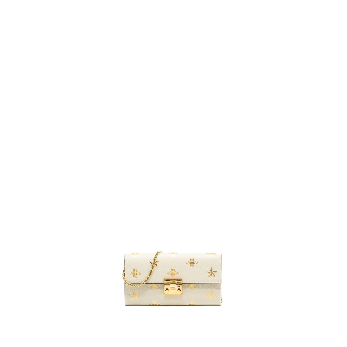 GUCCI MINI PADLOCK POUCH WITH CHAIN WITH BEE PRINTED CALFSKIN WHITE/GOLD GHW