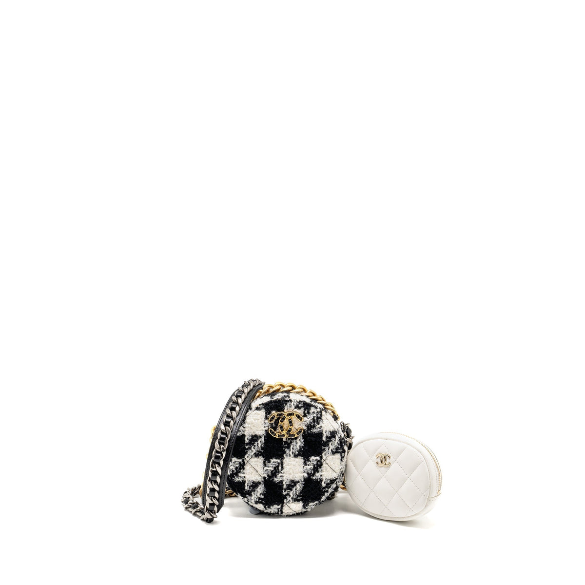 CHANEL 19 ROUND CLUTCH WITH CHAIN WITH COIN PURSE TWEED / LAMBSKIN BLACK/ WHITE GHW