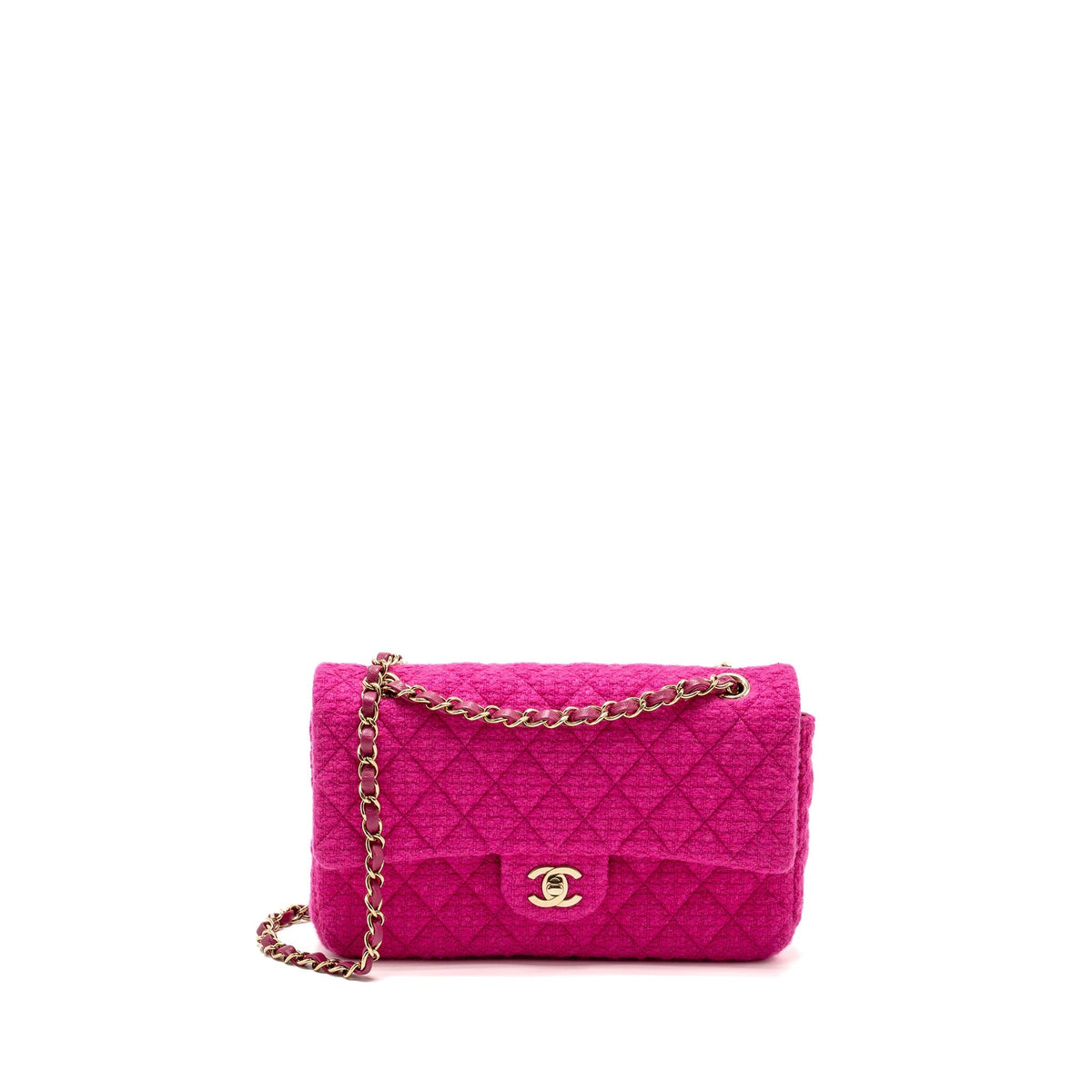 CHANEL MEDIUM CLASSIC DOUBLE FLAP BAG TWEED PINK LGHW (MICROCHIP)