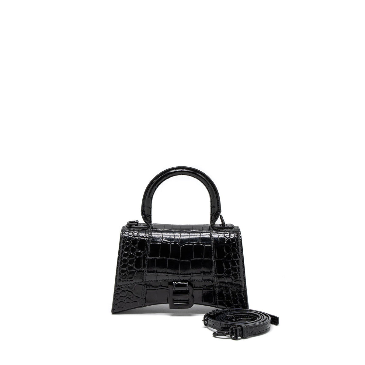 BALENCIAGA HOURGLASS XS CROC-EMBOSSED CALFSKIN SO BLACK