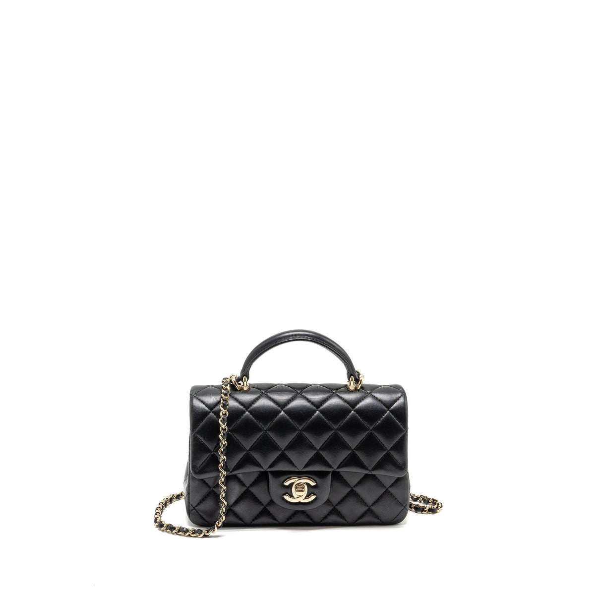 CHANEL TOP HANDLE MINI RECTANGULAR FLAP BAG LAMBSKIN BLACK LGHW (MICROCHIP)