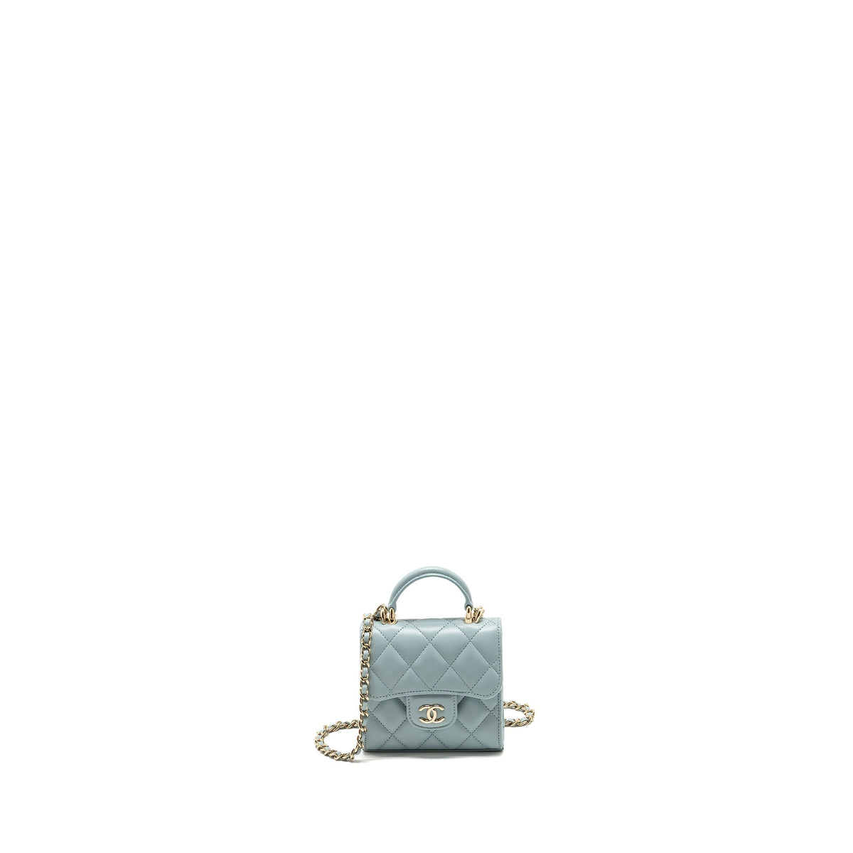 CHANEL TOP HANDLE MINI FLAP BAG LAMBSKIN LIGHT BLUE LGHW