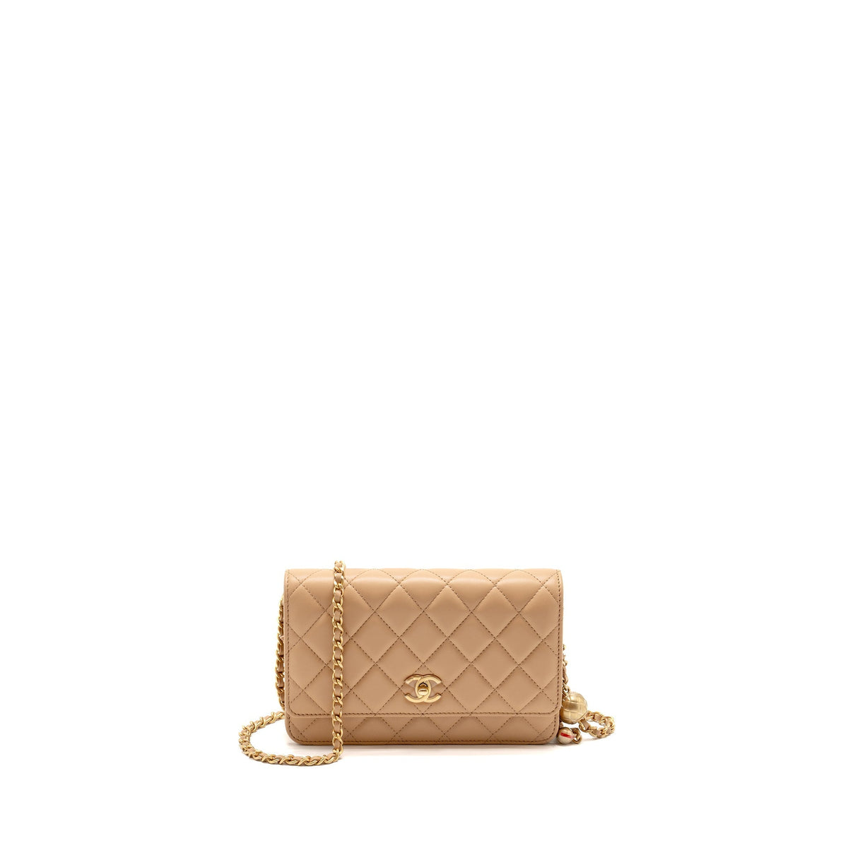 CHANEL PEARL CRUSH WALLET ON CHAIN LAMBSKIN BEIGE GHW (MICROCHIP)