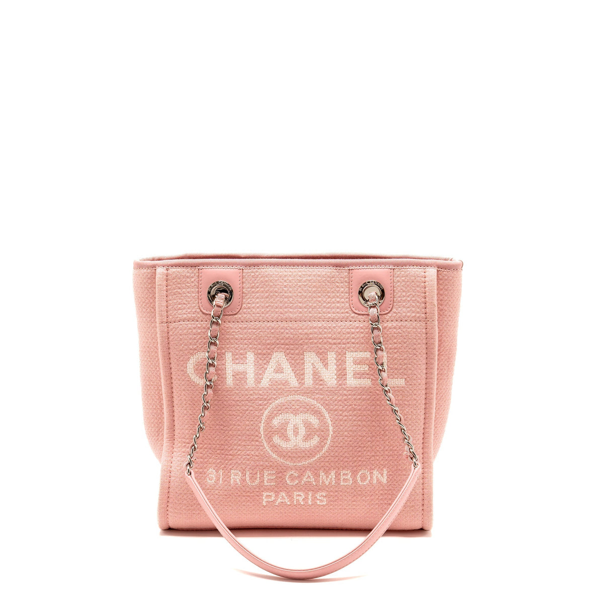 CHANEL DEAUVILLE PM TOTE BAG CANVAS PINK SHW (MICROCHIP)
