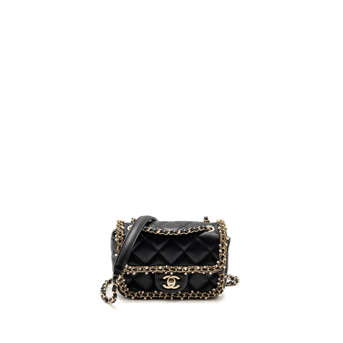 CHANEL PEARL DETAILED EDGE MINI FLAP BAG LAMBSKIN BLACK LGHW (MICROCHIP)